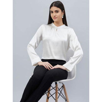 First Resort by Ramola Bachchan White One Side Pleated Embellished Satin Shirt