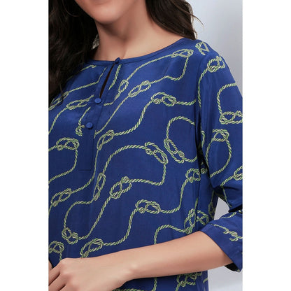 First Resort by Ramola Bachchan Blue and Green Marine Rope Knot Printed Slimline Kaftan Dress