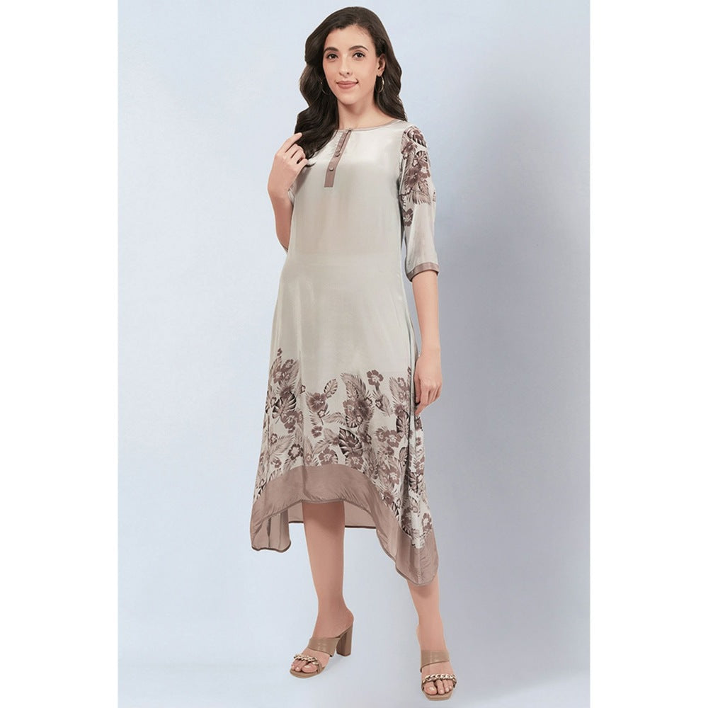 First Resort by Ramola Bachchan Grey and Beige Floral Printed Slimline Kaftan Dress
