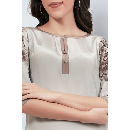 First Resort by Ramola Bachchan Grey and Beige Floral Printed Slimline Kaftan Dress