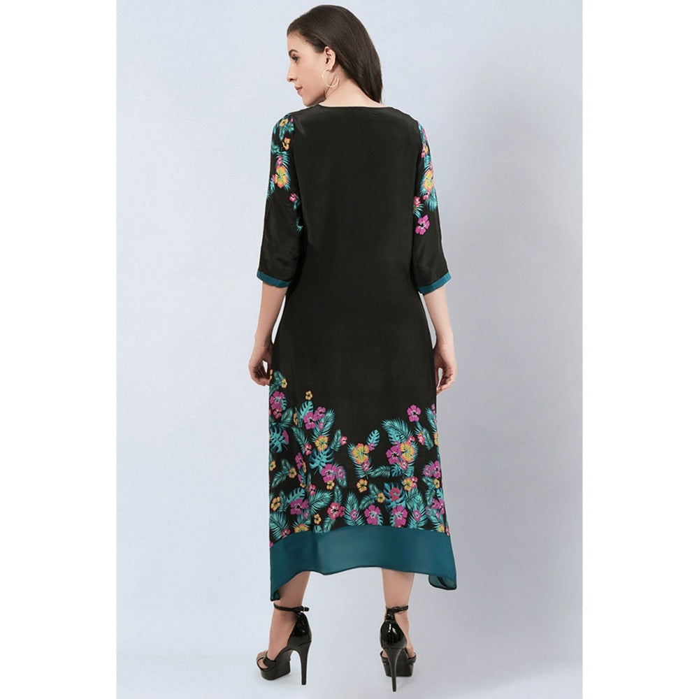 First Resort by Ramola Bachchan Black and Yellow Floral Printed Slimline Kaftan Dress
