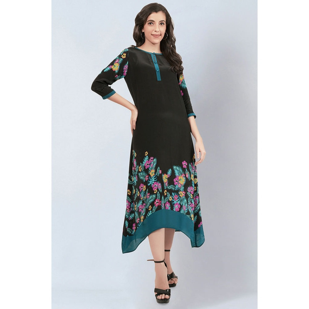 First Resort by Ramola Bachchan Black and Yellow Floral Printed Slimline Kaftan Dress