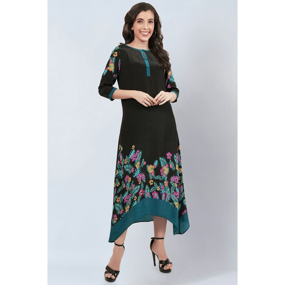 First Resort by Ramola Bachchan Black and Yellow Floral Printed Slimline Kaftan Dress