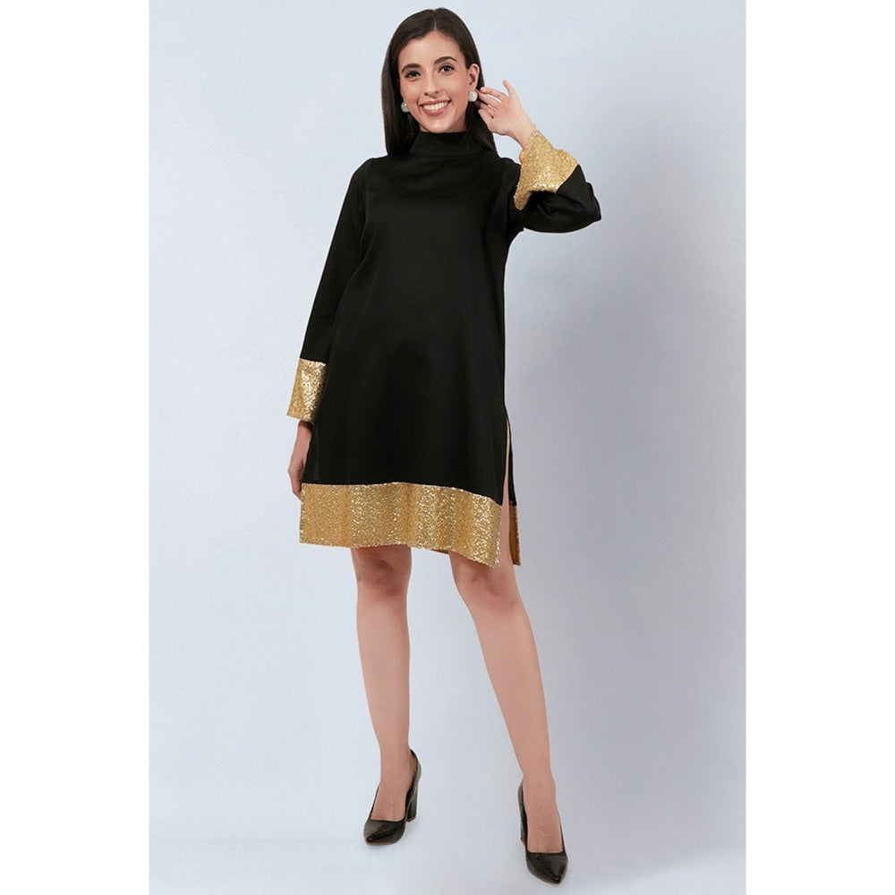 First Resort by Ramola Bachchan Black Cotton Satin Tunic Dress with Gold Sequin Border