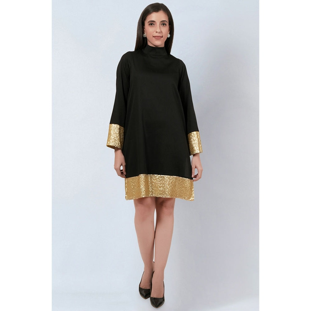 First Resort by Ramola Bachchan Black Cotton Satin Tunic Dress with Gold Sequin Border