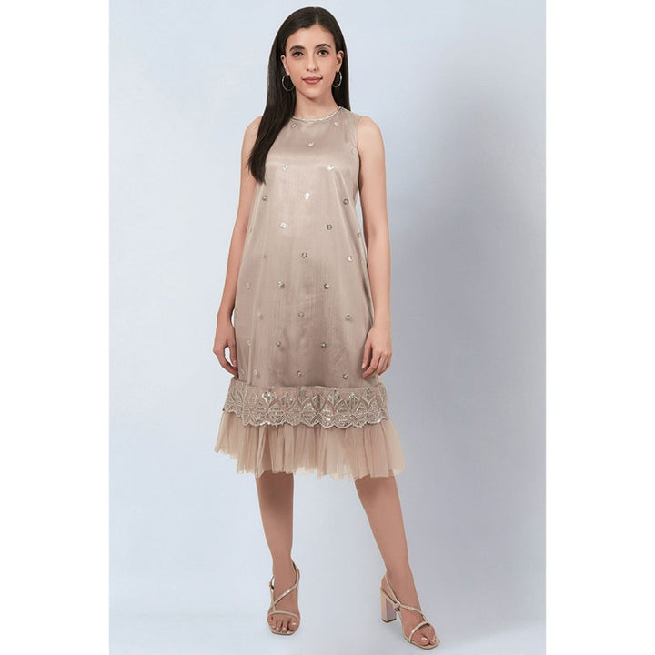 First Resort by Ramola Bachchan Beige Sequin Embroidered A-Line Net Dress