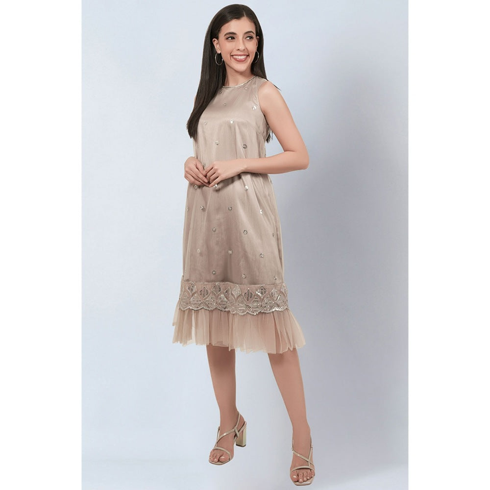 First Resort by Ramola Bachchan Beige Sequin Embroidered A-Line Net Dress