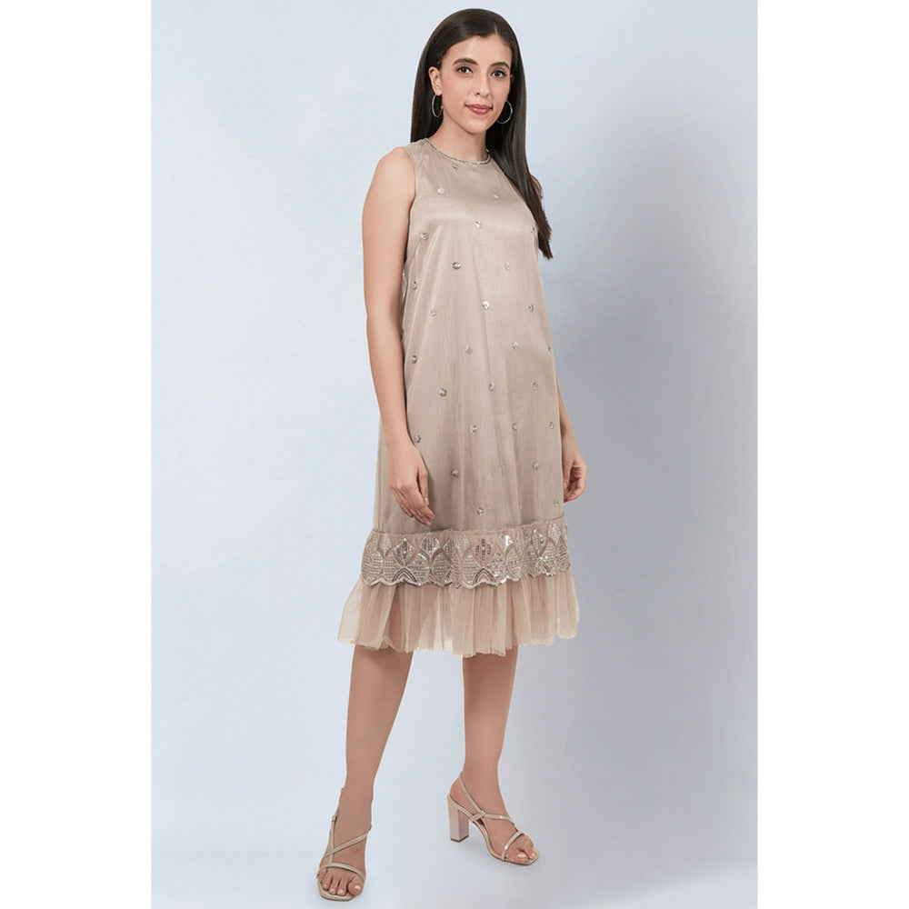 First Resort by Ramola Bachchan Beige Sequin Embroidered A-Line Net Dress