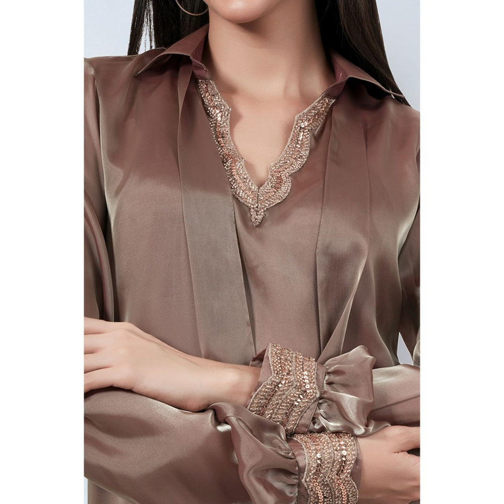 First Resort by Ramola Bachchan Brown A-Line Dress with Bead Lace Detail with Slip (Set of 2)