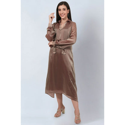 First Resort by Ramola Bachchan Brown A-Line Dress with Bead Lace Detail with Slip (Set of 2)