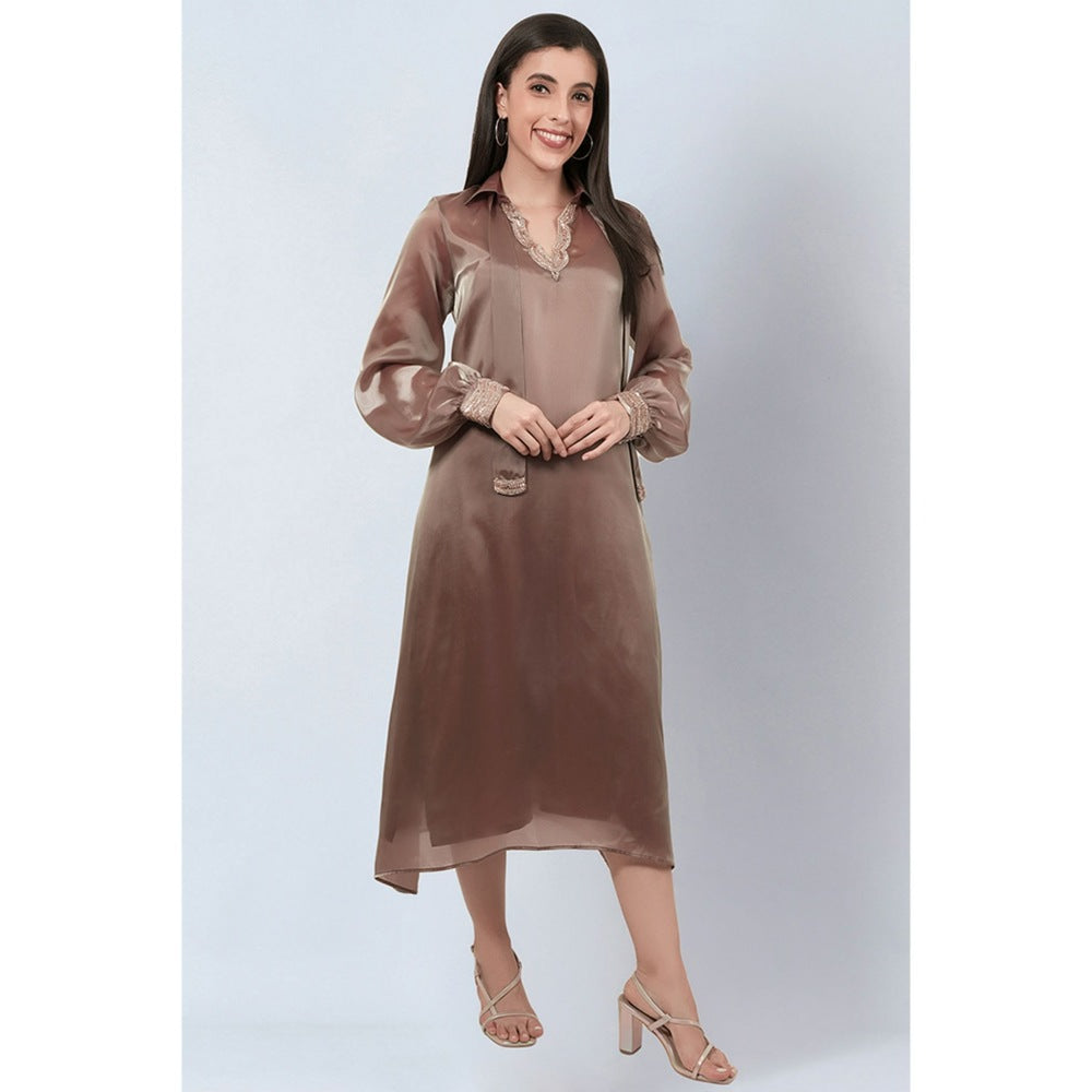 First Resort by Ramola Bachchan Brown A-Line Dress with Bead Lace Detail with Slip (Set of 2)
