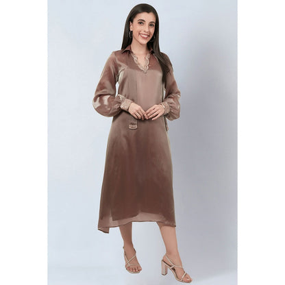 First Resort by Ramola Bachchan Brown A-Line Dress with Bead Lace Detail with Slip (Set of 2)