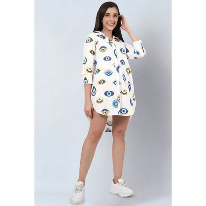 First Resort by Ramola Bachchan White and Blue Evil Eye Print Shirt Dress