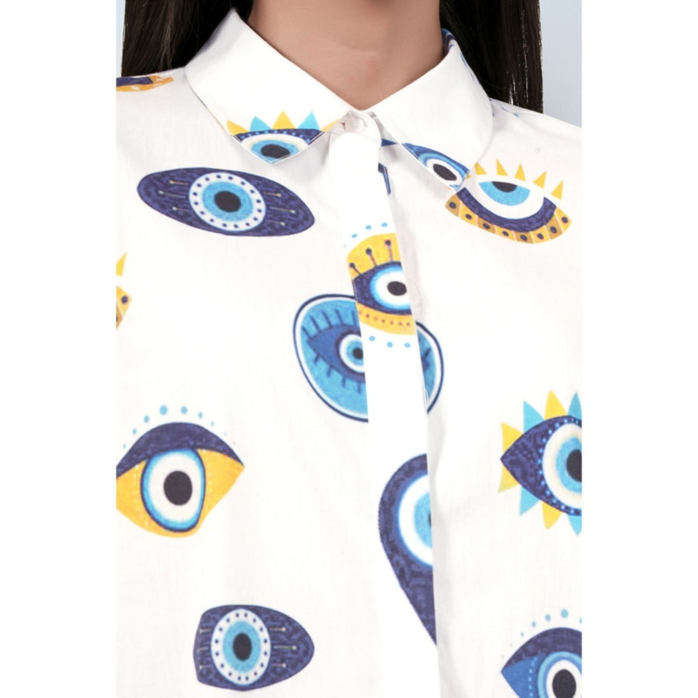 First Resort by Ramola Bachchan White and Blue Evil Eye Print Shirt Dress