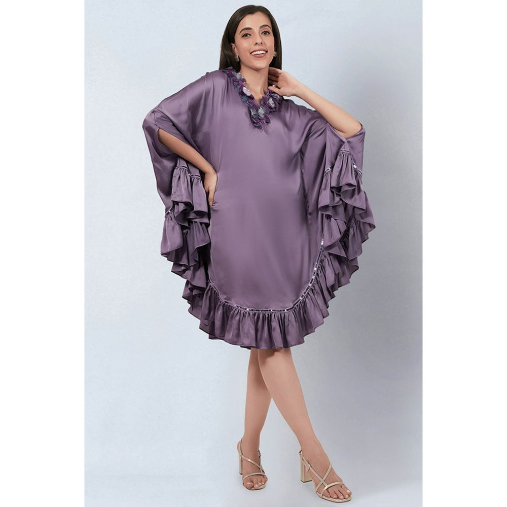 First Resort by Ramola Bachchan Purple Ruffle Dress with Floral Lace Detail