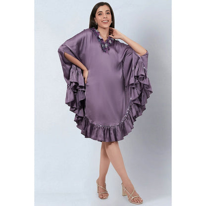 First Resort by Ramola Bachchan Purple Ruffle Dress with Floral Lace Detail