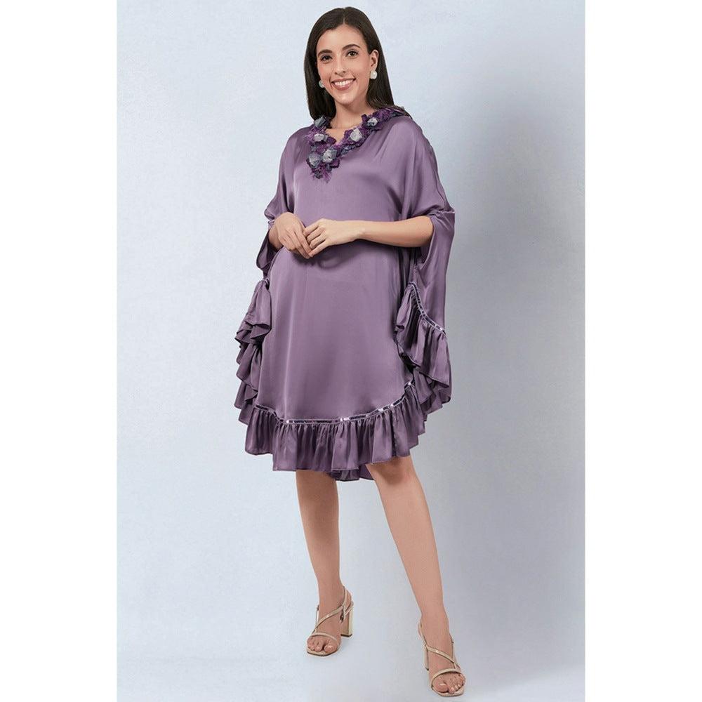 First Resort by Ramola Bachchan Purple Ruffle Dress with Floral Lace Detail