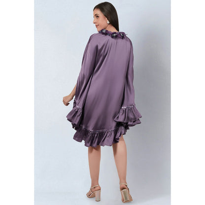 First Resort by Ramola Bachchan Purple Ruffle Dress with Floral Lace Detail