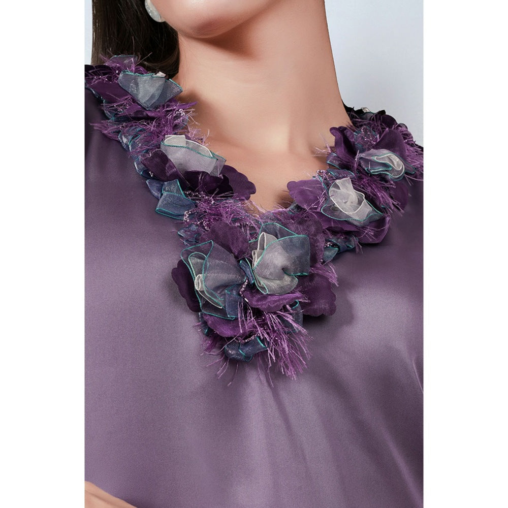 First Resort by Ramola Bachchan Purple Ruffle Dress with Floral Lace Detail
