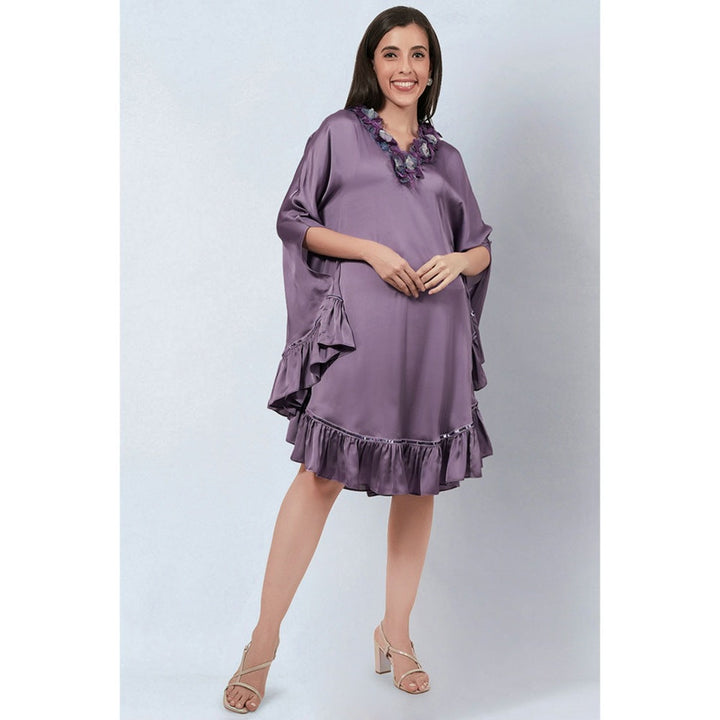 First Resort by Ramola Bachchan Purple Ruffle Dress with Floral Lace Detail
