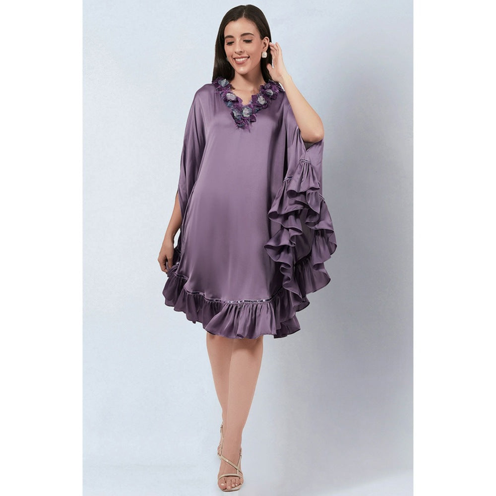 First Resort by Ramola Bachchan Purple Ruffle Dress with Floral Lace Detail