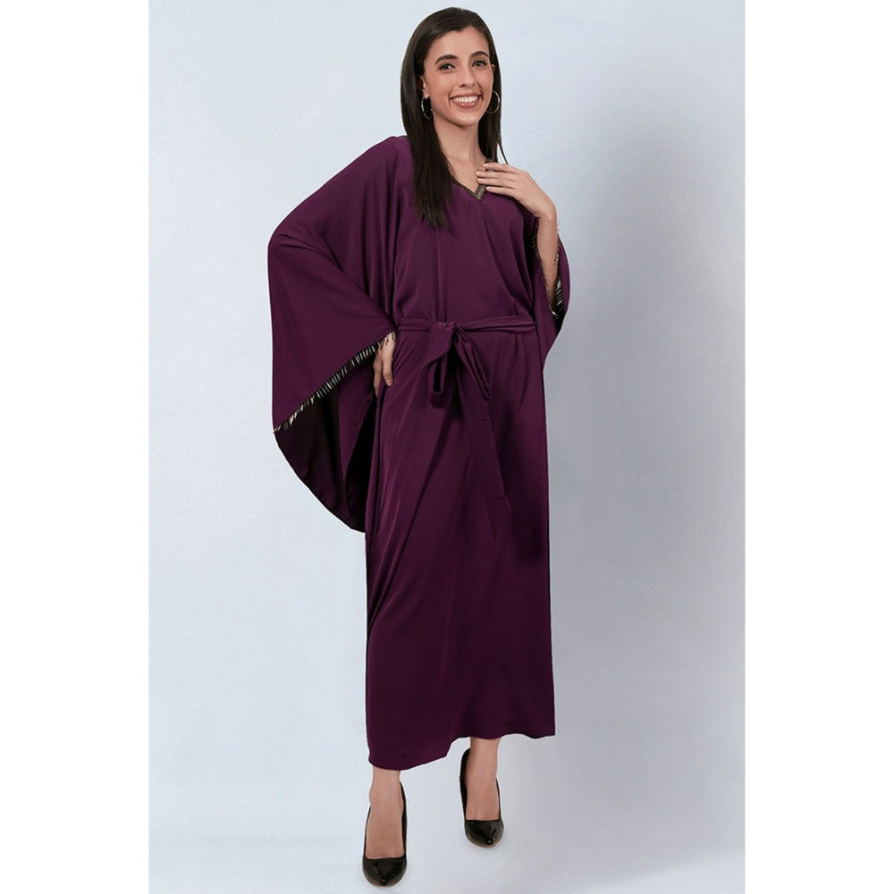First Resort by Ramola Bachchan Purple Neckline Full Length Kaftan with Belt (Set of 2)