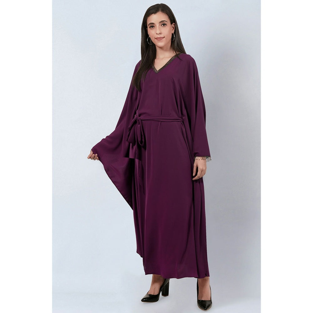 First Resort by Ramola Bachchan Purple Neckline Full Length Kaftan with Belt (Set of 2)