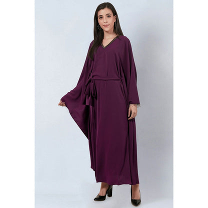 First Resort by Ramola Bachchan Purple Neckline Full Length Kaftan with Belt (Set of 2)
