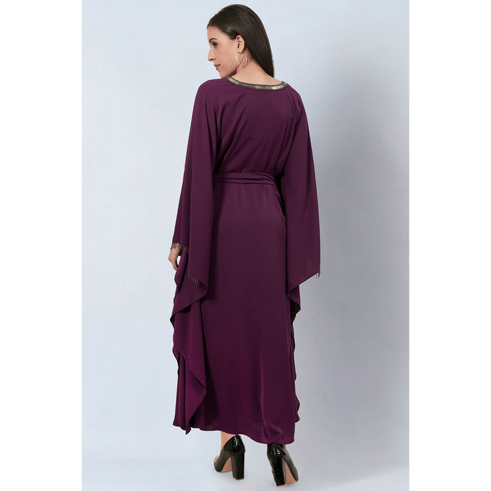 First Resort by Ramola Bachchan Purple Neckline Full Length Kaftan with Belt (Set of 2)