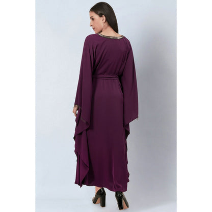 First Resort by Ramola Bachchan Purple Neckline Full Length Kaftan with Belt (Set of 2)