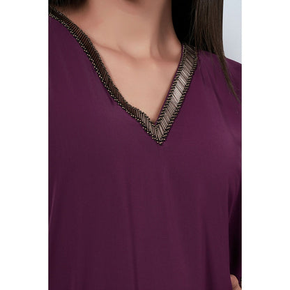 First Resort by Ramola Bachchan Purple Neckline Full Length Kaftan with Belt (Set of 2)