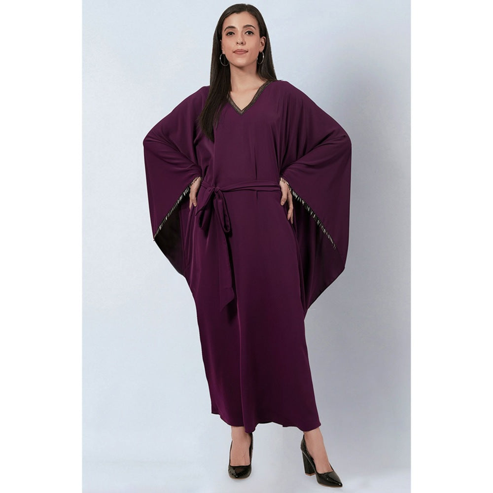 First Resort by Ramola Bachchan Purple Neckline Full Length Kaftan with Belt (Set of 2)