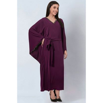 First Resort by Ramola Bachchan Purple Neckline Full Length Kaftan with Belt (Set of 2)