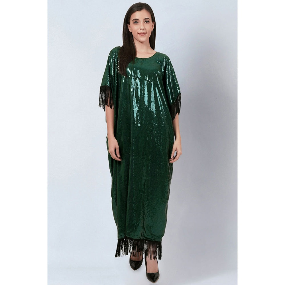 First Resort by Ramola Bachchan Green Sequin Full Length Kaftan with Fringe Detail