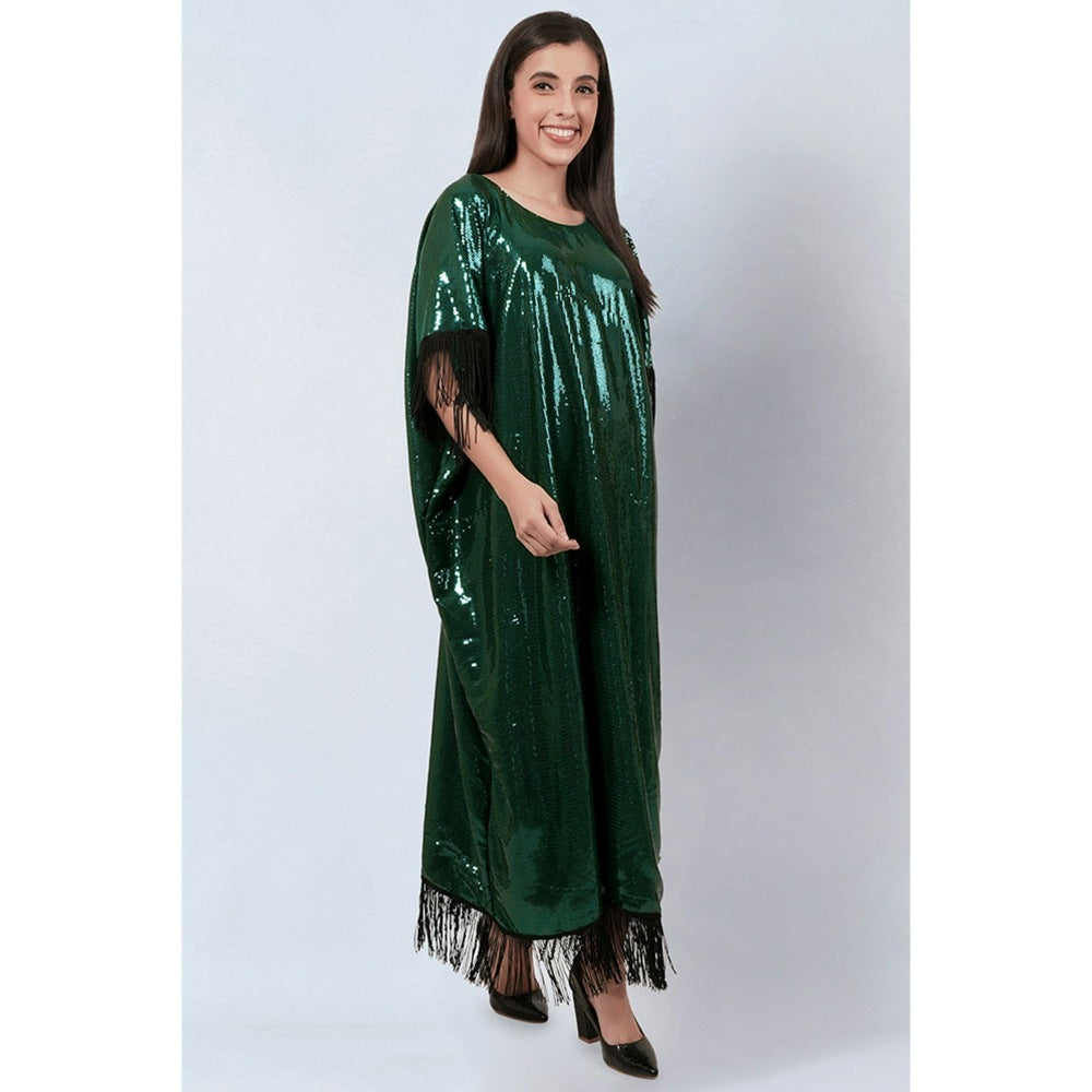 First Resort by Ramola Bachchan Green Sequin Full Length Kaftan with Fringe Detail
