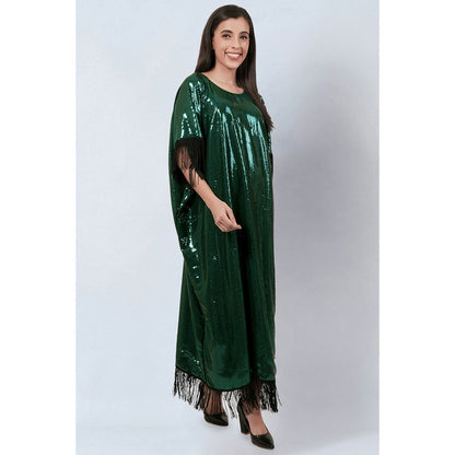 First Resort by Ramola Bachchan Green Sequin Full Length Kaftan with Fringe Detail