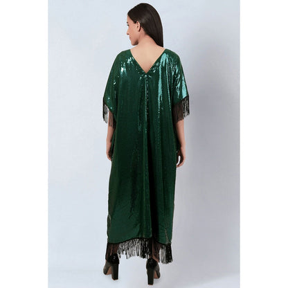 First Resort by Ramola Bachchan Green Sequin Full Length Kaftan with Fringe Detail
