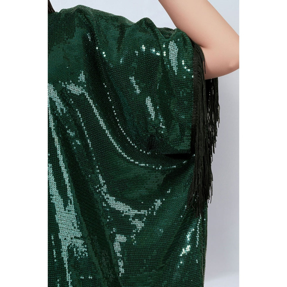 First Resort by Ramola Bachchan Green Sequin Full Length Kaftan with Fringe Detail