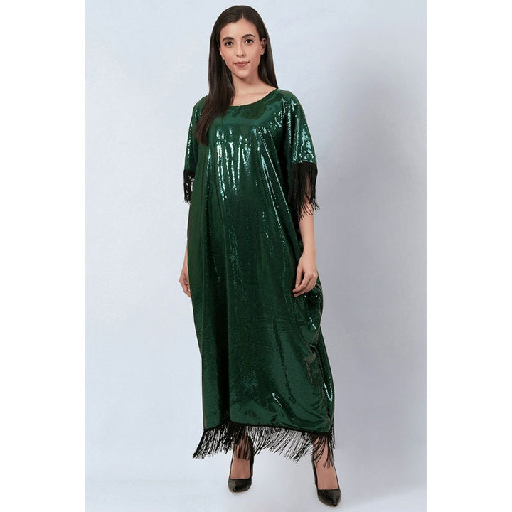 First Resort by Ramola Bachchan Green Sequin Full Length Kaftan with Fringe Detail