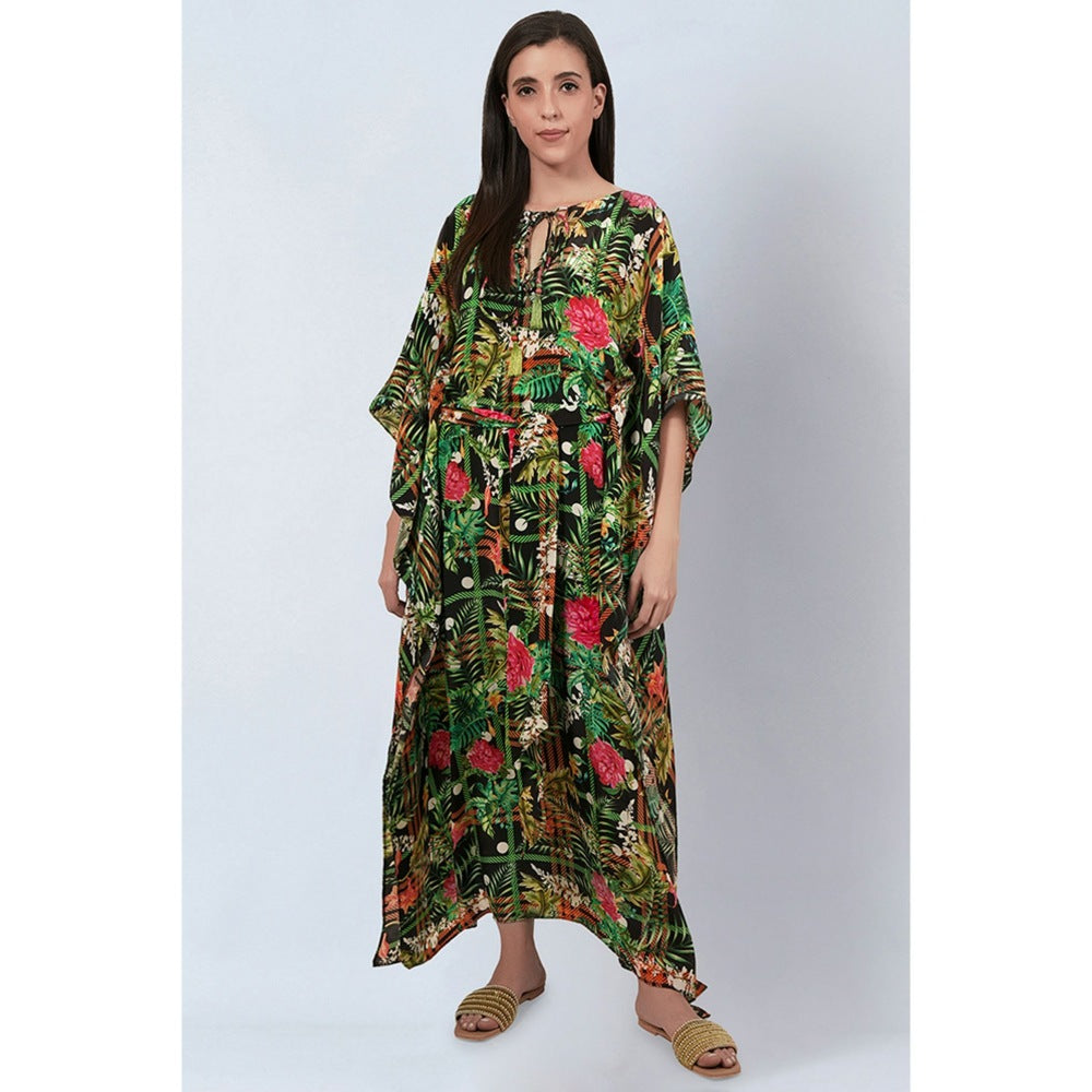 First Resort by Ramola Bachchan Green and Black Jungle Print Full Length Kaftan (Set of 2)