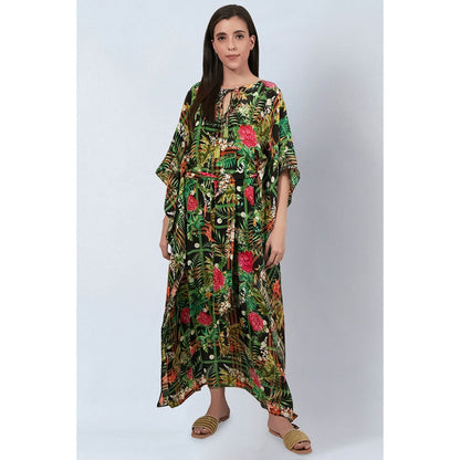 First Resort by Ramola Bachchan Green and Black Jungle Print Full Length Kaftan (Set of 2)