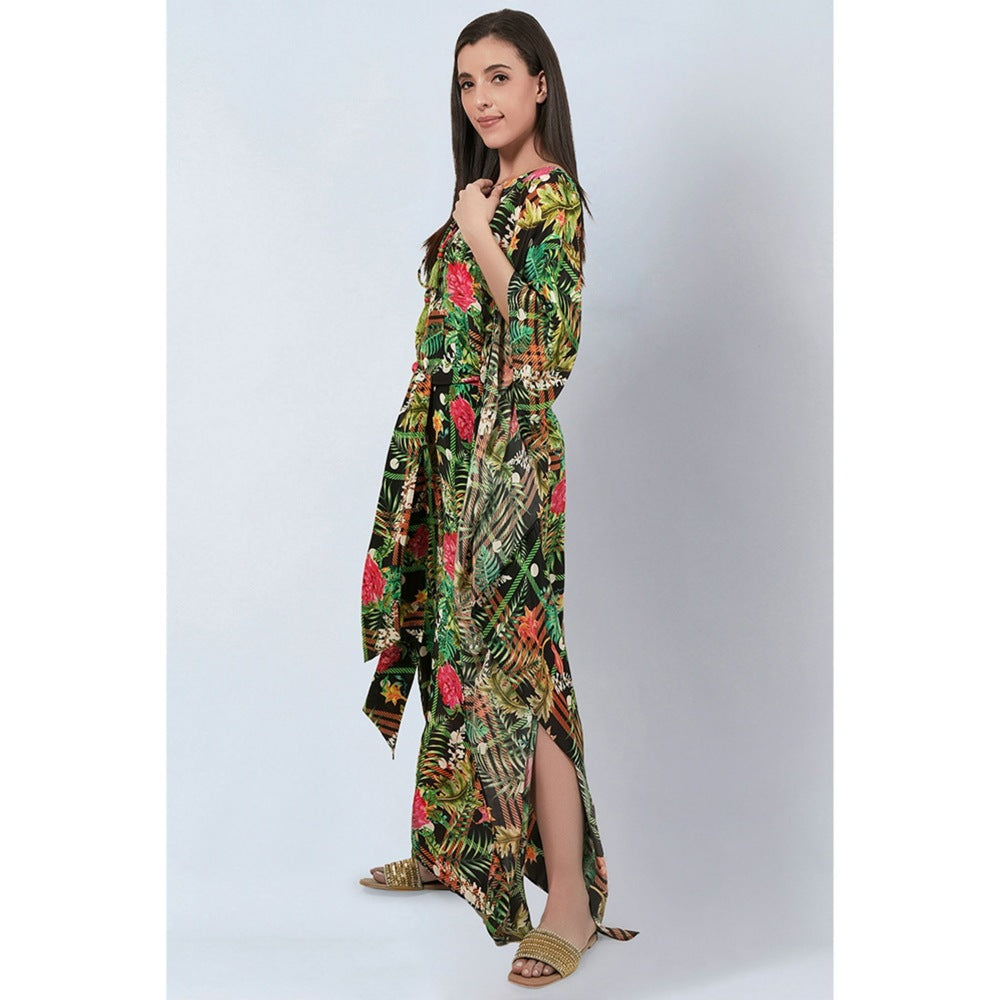 First Resort by Ramola Bachchan Green and Black Jungle Print Full Length Kaftan (Set of 2)