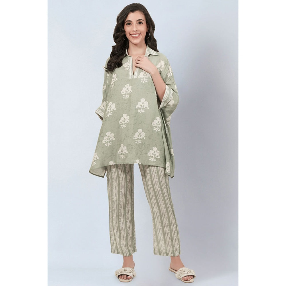 First Resort by Ramola Bachchan Sage Green and Ecru Floral Combination Print Co-Ord (Set of 2)