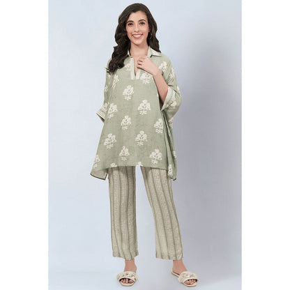 First Resort by Ramola Bachchan Sage Green and Ecru Floral Combination Print Co-Ord (Set of 2)