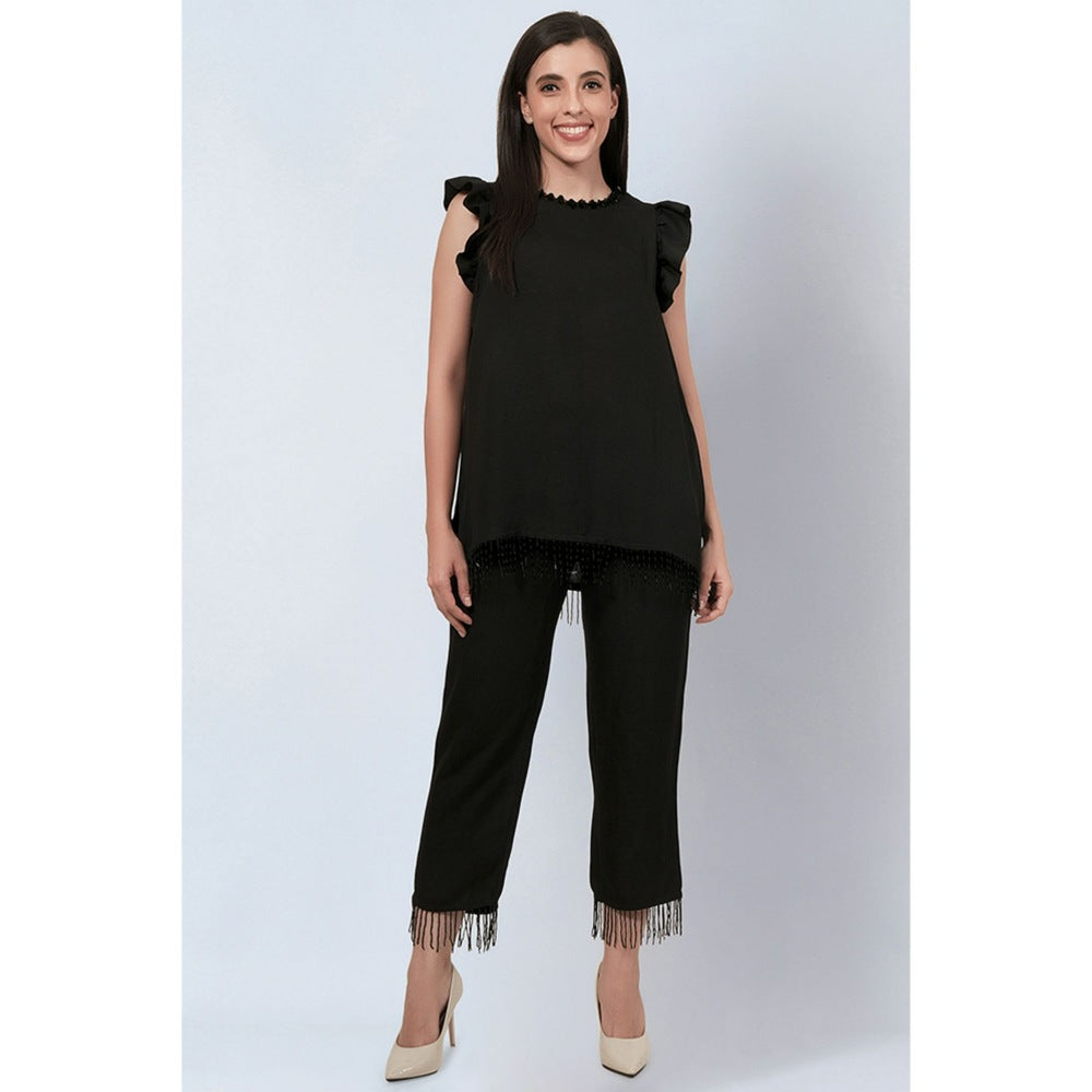First Resort by Ramola Bachchan Black Linen Top and Pants with Bead Lace (Set of 2)