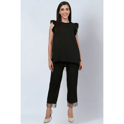 First Resort by Ramola Bachchan Black Linen Top and Pants with Bead Lace (Set of 2)