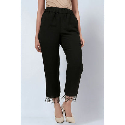 First Resort by Ramola Bachchan Black Linen Top and Pants with Bead Lace (Set of 2)