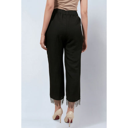 First Resort by Ramola Bachchan Black Linen Top and Pants with Bead Lace (Set of 2)