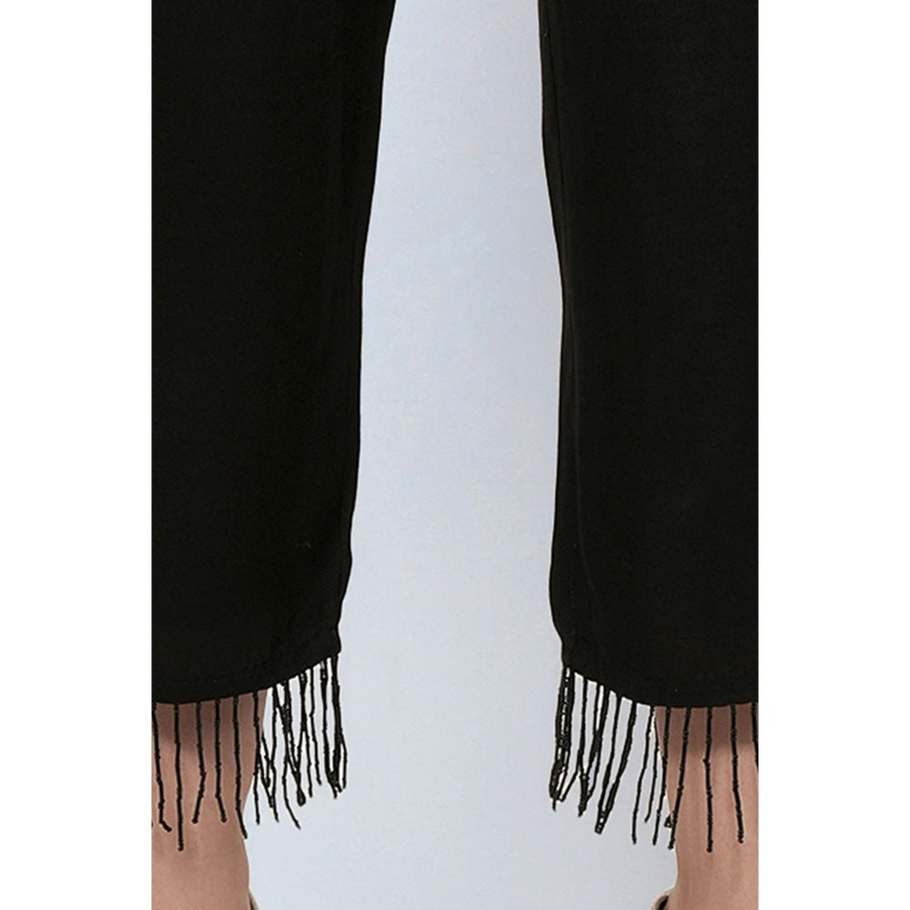 First Resort by Ramola Bachchan Black Linen Top and Pants with Bead Lace (Set of 2)