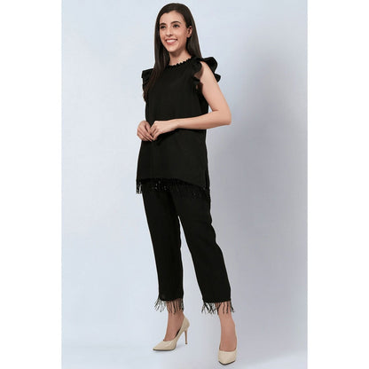 First Resort by Ramola Bachchan Black Linen Top and Pants with Bead Lace (Set of 2)